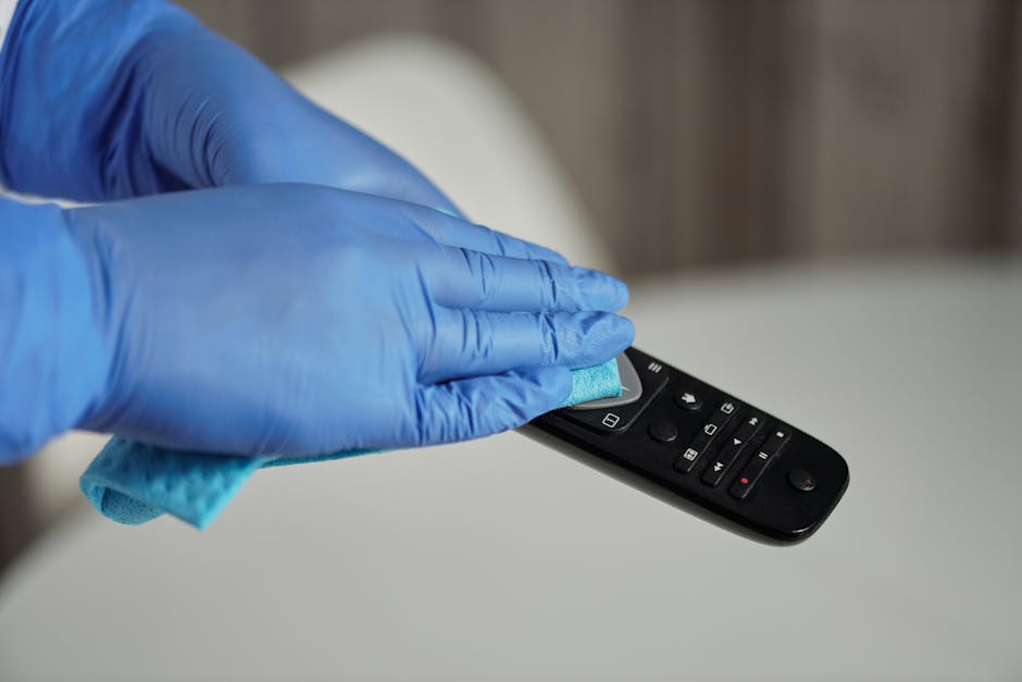 A person wearing blue disposable gloves is cleaning a television remote control with a light blue cleaning cloth, focusing on the buttons and surface. The remote has a glossy black finish with various buttons for functions, placed on a plain white surface. The background is blurred, with neutral tones, highlighting the cleaning process on the remote. This image reflects surface cleaning and sanitisation practices essential for maintaining hygiene in domestic or commercial environments. The cleaning task is associated with professional cleaning services like those offered by Cleaners SW6, emphasizing thorough sanitisation to avoid hidden cleaning charges in Fulham, SW6.
